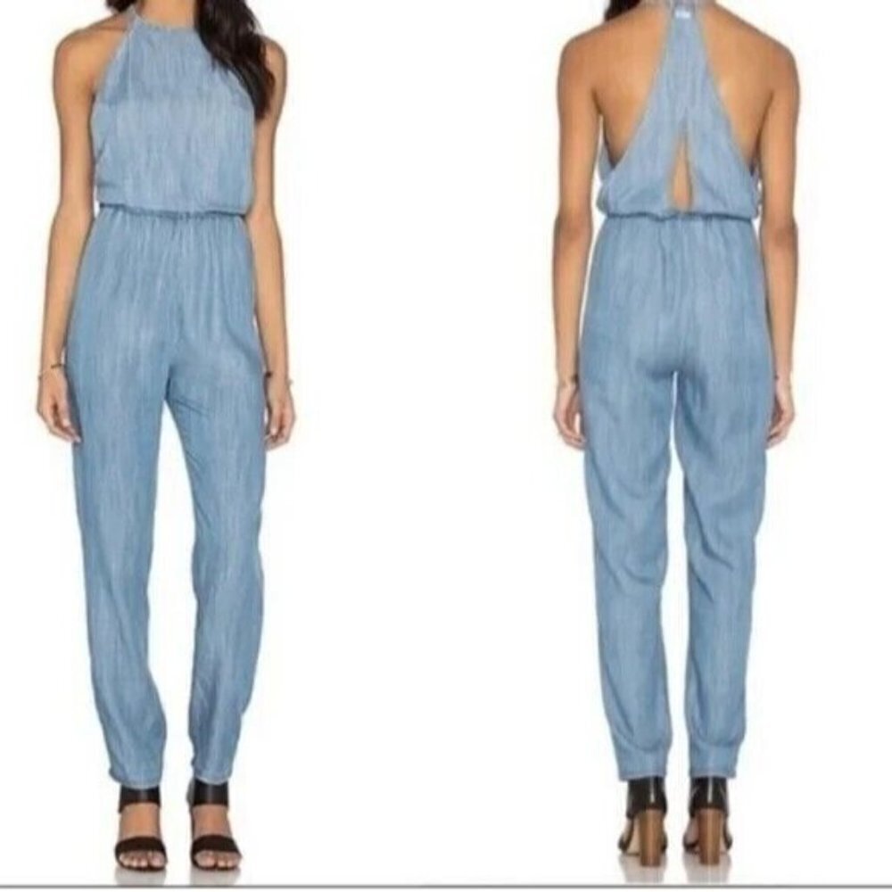 RVCA Womens Jumpsuit Chambray Denim size L Halter straight leg lightweight blue
